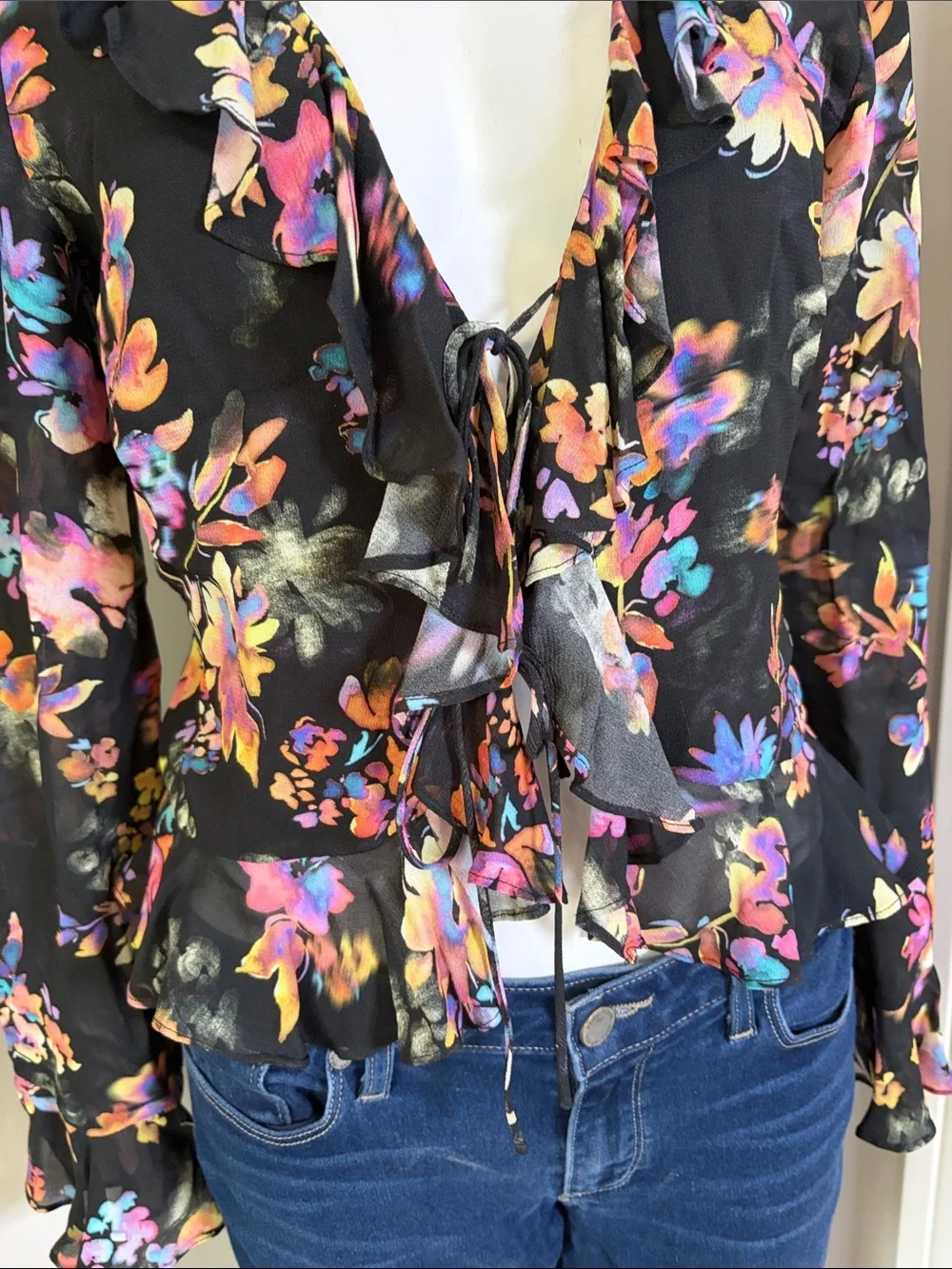 Amanda Uprichard Collier blouse colorful floral print black ruffled Mirabella S